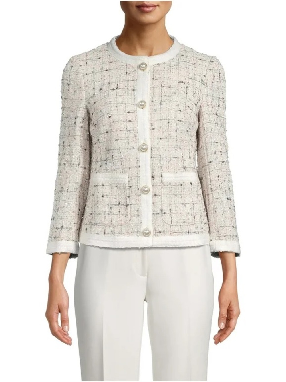 Anne Klein Old Money Elegant Cream Tweed Jacket with Pearl Buttons